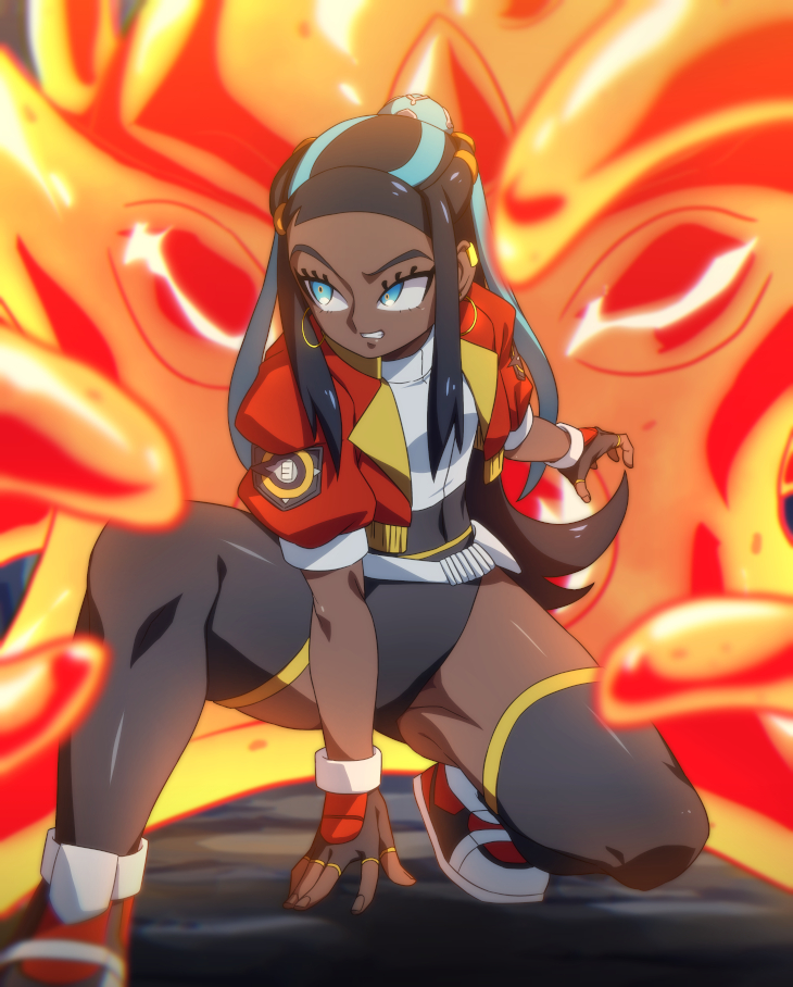 1girl, 1other, black_gloves, black_hair, black_leotard, black_thighhighs, blue_eyes, blue_hair