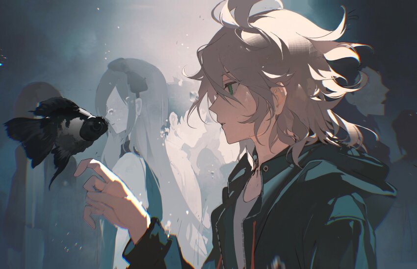 1boy, ahoge, air_bubble, black_goldfish, bubble, chongzhen_085, coat, crowd