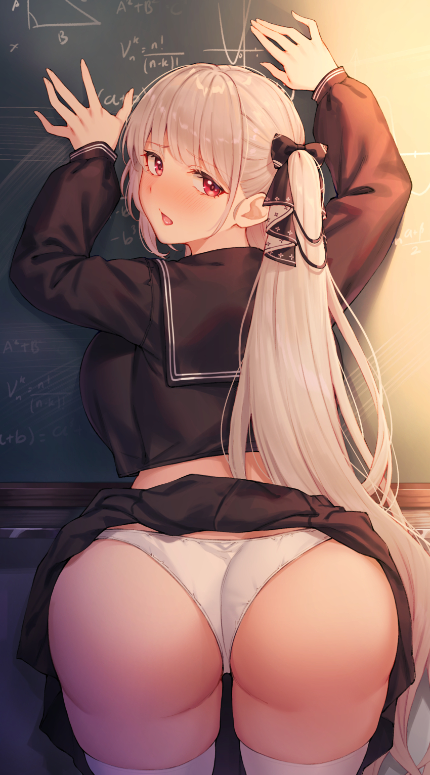 1girl, absurdres, arms_up, ass, azur_lane, black_sailor_collar, black_serafuku, black_shirt, black_skirt, blush, chalkboard, clothes_lift, embarrassed, equation, formidable_(azur_lane), formidable_(the_lover's_heart_flutters_on_duty)_(azur_lane), grey_hair, highres, kimi_tsuru, long_hair, looking_at_viewer, looking_back, midriff, nose_blush, official_alternate_costume, open_mouth, panties, red_eyes, sailor_collar, school_uniform, serafuku, shirt, skirt, skirt_lift, solo, thighhighs, twintails, underwear, white_panties, white_thighhighs
