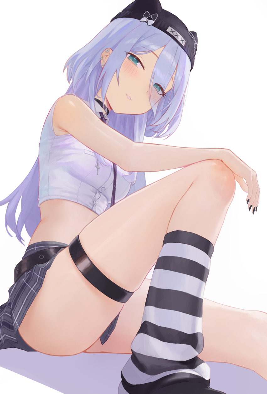 1girl, absurdres, animal_ear_headwear, animal_ears, ass, bare_shoulders, belt, black_belt, black_choker, black_hat, black_nails, blush, breasts, choker, collared_shirt, cross, ear_piercing, earrings, eyes_visible_through_hair, fake_animal_ears, green_eyes, grey_hair, grey_skirt, hair_between_eyes, hair_over_one_eye, hat, highres, jewelry, kaga_sumire, kaga_sumire_(2nd_costume), knee_up, kuki, long_hair, looking_at_viewer, medium_breasts, midriff, miniskirt, multiple_piercings, necktie, parted_lips, piercing, plaid_clothes, plaid_skirt, pleated_skirt, purple_necktie, shirt, skindentation, skirt, sleeveless, sleeveless_shirt, socks, solo, striped_clothes, striped_socks, stud_earrings, thigh_strap, thighs, virtual_youtuber, vspo!, wing_collar