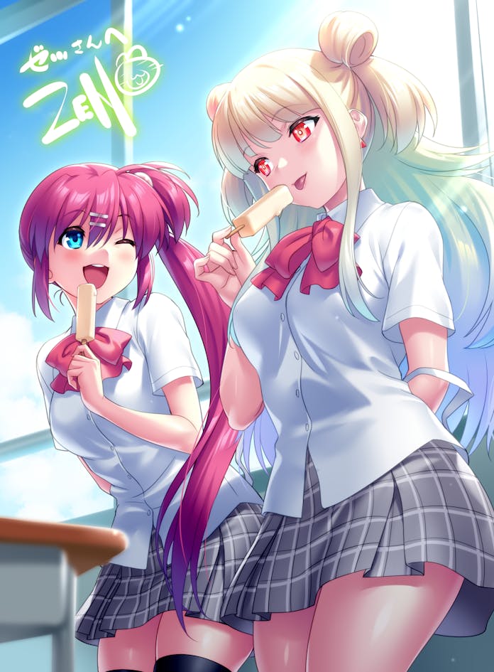 2girls, :p, ;d, arm_behind_back, backlighting, black_thighhighs, blonde_hair, blue_eyes