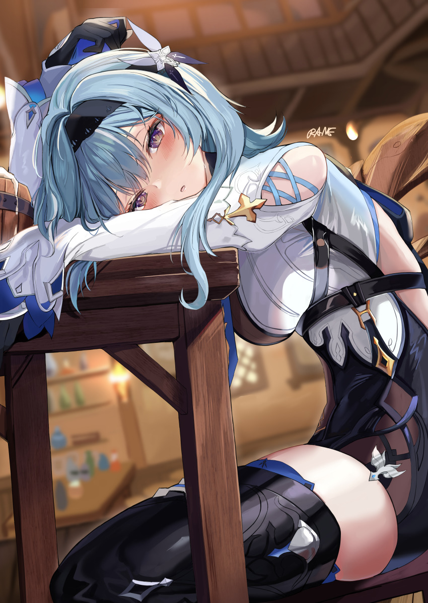 1girl, absurdres, arm_rest, artist_name, backless_outfit, black_gloves, black_hairband, blue_hair