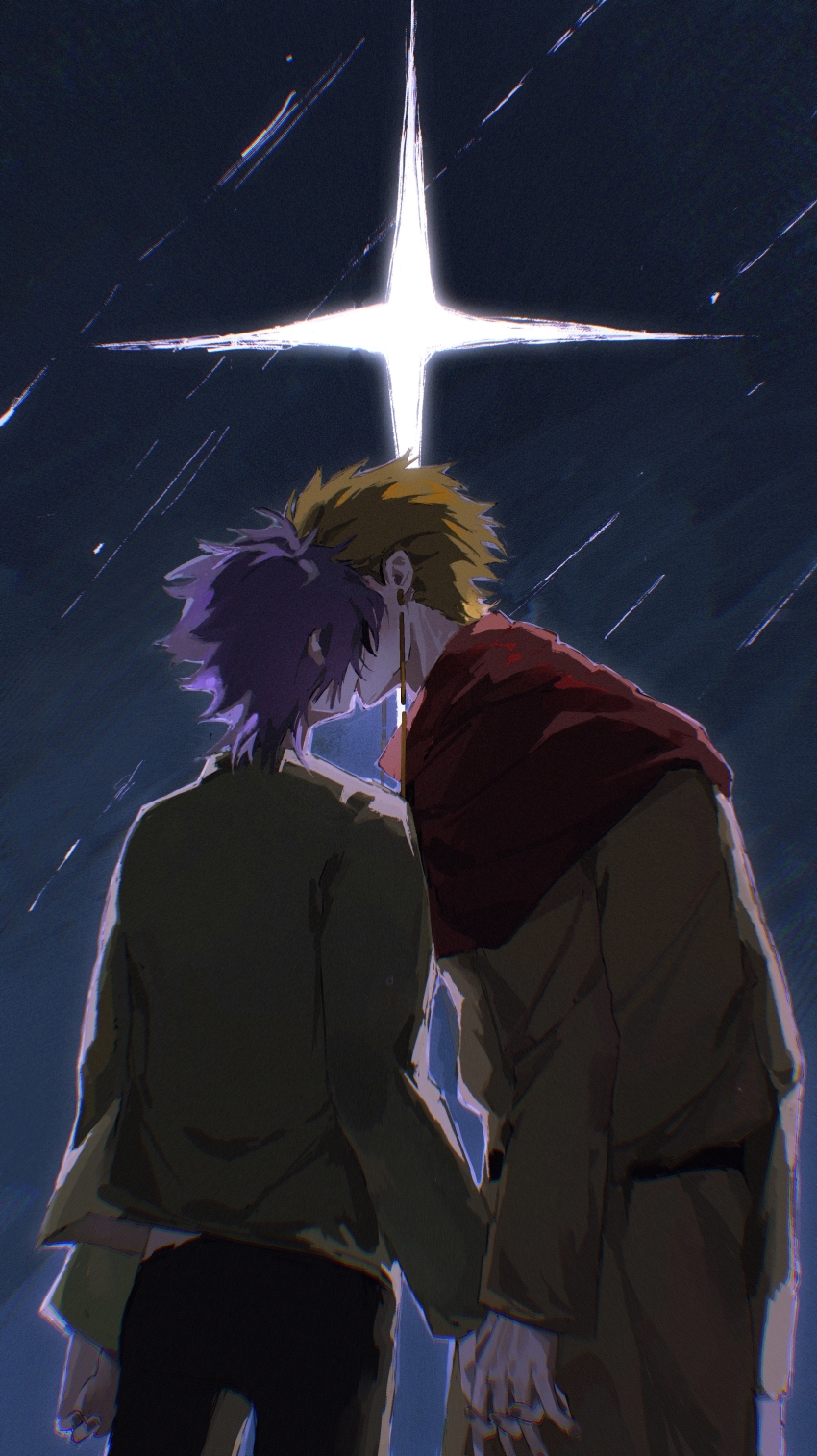 2boys, absurdres, black_pants, blonde_hair, brown_coat, capelet, chinese_commentary, chromatic_aberration