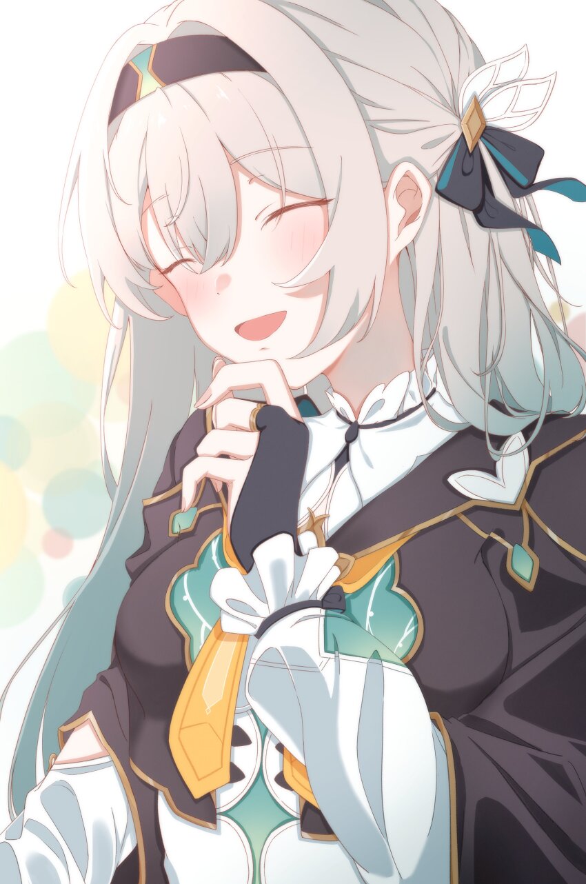 1girl, :d, absurdres, akar1, black_gloves, black_hairband, breasts, closed_eyes