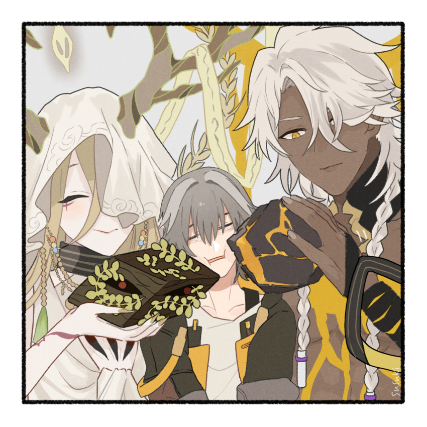 1other, 2boys, antlers, artist_name, ascot, black_border, black_choker, black_jacket