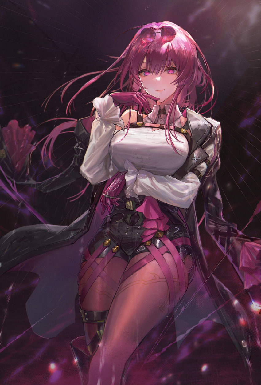 1girl, arm_belt, belt, black_belt, black_jacket, black_shorts, blunt_bangs, boots