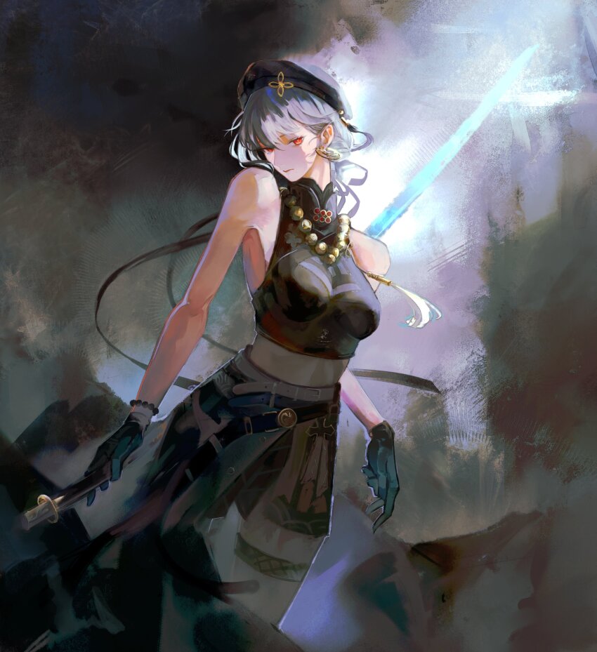 1girl, absurdres, backless_shirt, bare_shoulders, bead_bracelet, bead_necklace, beads, belt