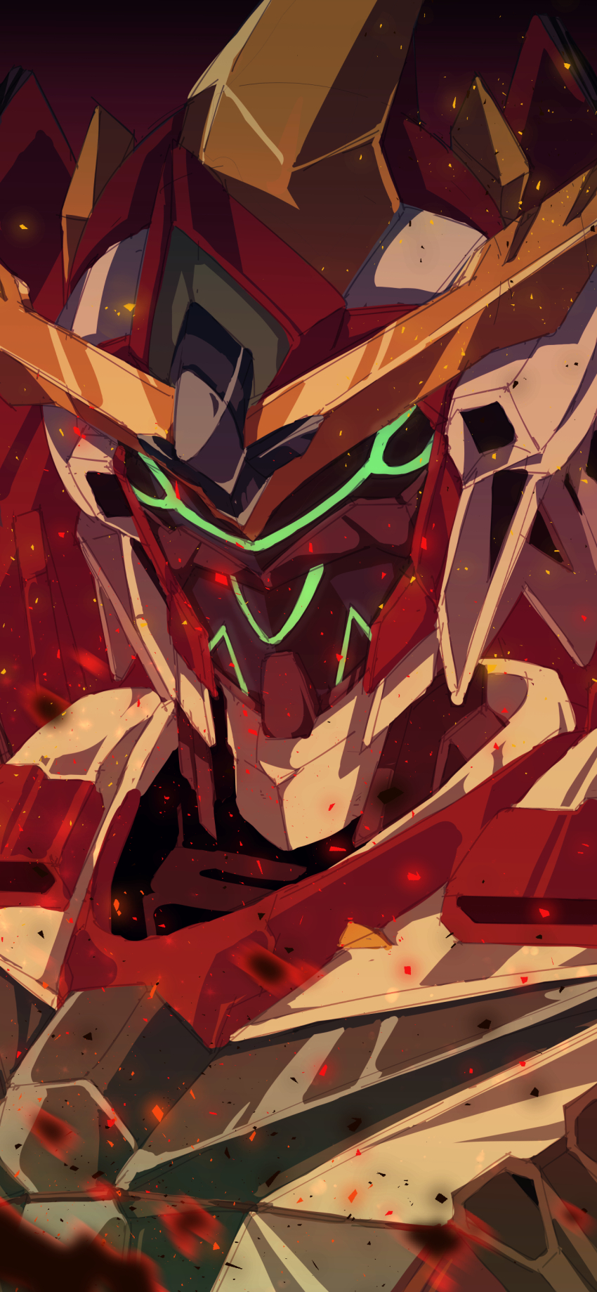 absurdres, bravern, embers, gradient_background, highres, mecha, mecha_focus, no_humans, robot, solo, starkero, upper_body, yuuki_bakuhatsu_bang_bravern