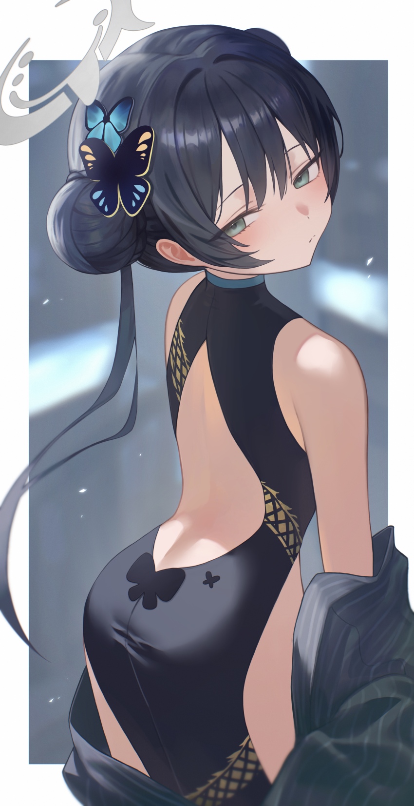 1girl, absurdres, ass, back_cutout, bare_shoulders, black_dress, black_hair, blue_archive