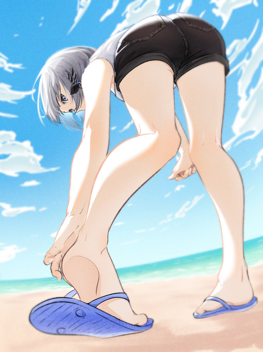 1girl, arakuremono, ass, bare_arms, bare_legs, beach, black_shorts, blue_footwear