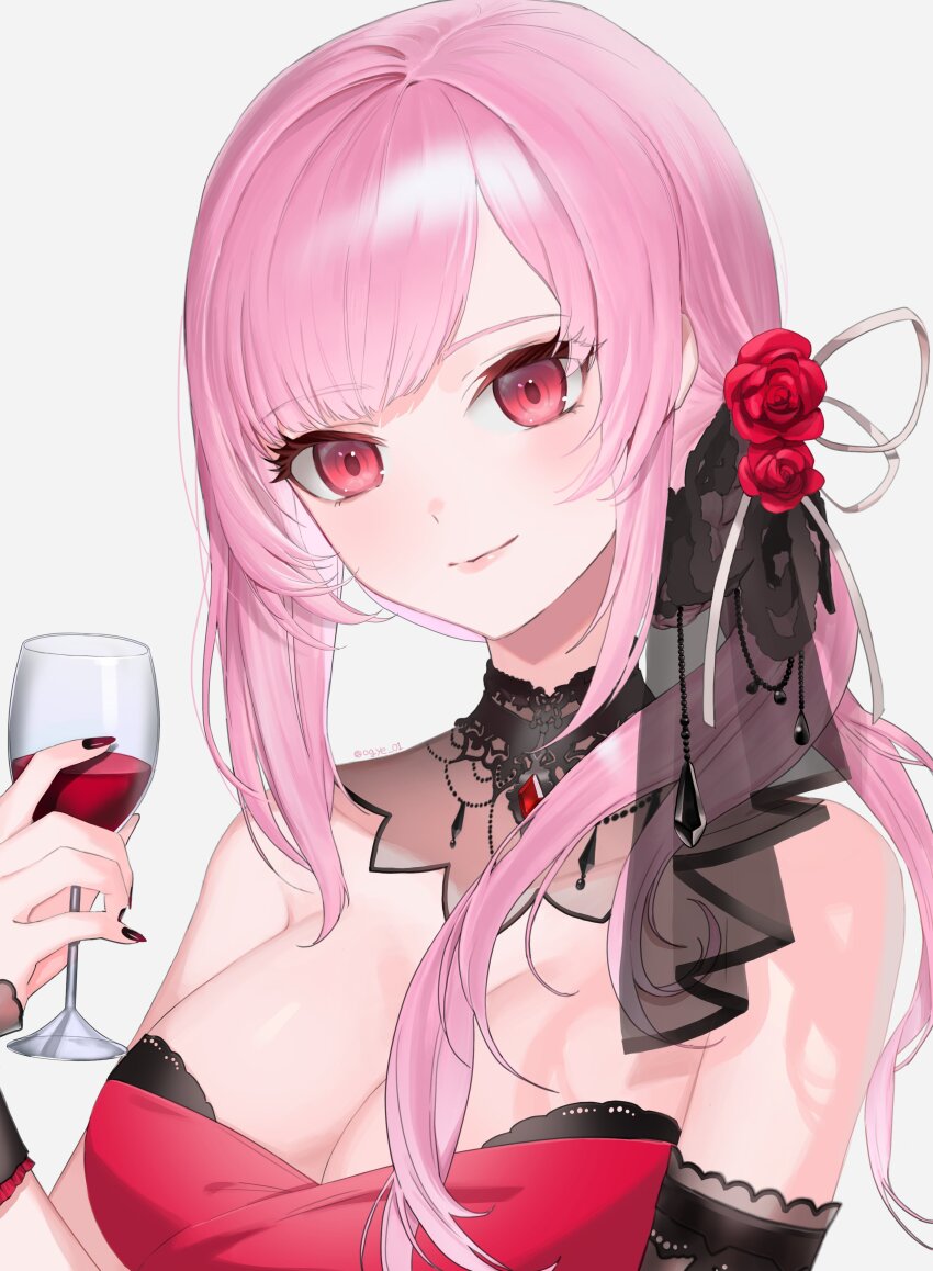 1girl, absurdres, alcohol, breasts, bridal_gauntlets, choker, cleavage, cup