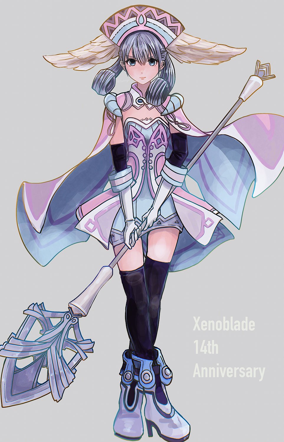 blue_eyes, crossed_legs, grey_background, grey_hair, head_wings, highres, holding, holding_staff