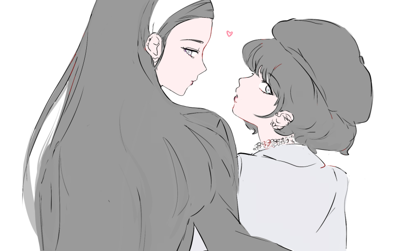 12_07sh, 2girls, back, black_hair, black_jacket, blue_jacket, blunt_bangs, bob_cut