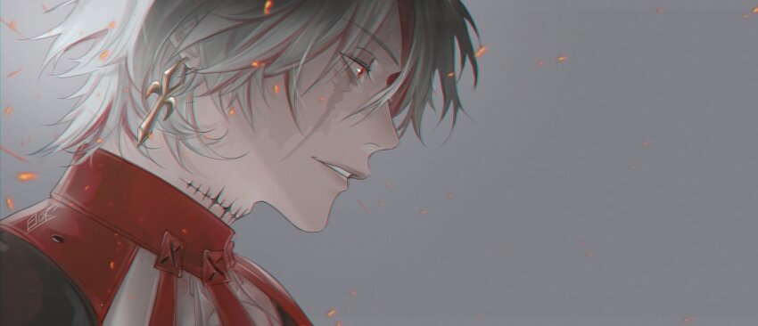 1boy, bodysuit, earrings, elizkras, grey_background, grey_hair, hair_between_eyes, highres