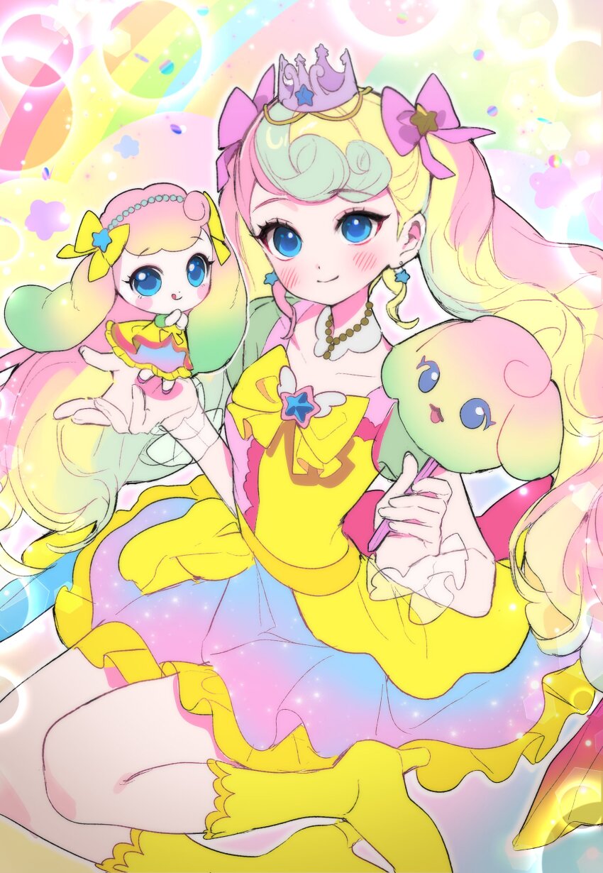 1girl, absurdres, blue_eyes, boots, bow, brooch, catch!_teenieping, closed_mouth