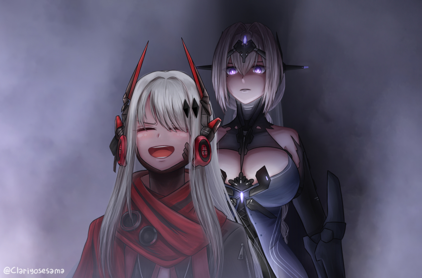 alpha_(pgr), bandaid, bandaid_on_knee, bandaid_on_leg, bare_shoulders, bianca:_stigmata_(pgr), bianca_(pgr), black_bodysuit, black_jacket, bodysuit, breasts, clariyosesama, cleavage, cleavage_cutout, closed_eyes, clothing_cutout, grey_hair, hair_intakes, hair_ornament, headgear, headphones, highres, jacket, large_breasts, laughing, alpha:_crimson_abyss_(pgr), mechanical_arms, meme, open_mouth, punishing:_gray_raven, red_scarf, scarf, undertaker_standing_behind_aj_styles_(meme)