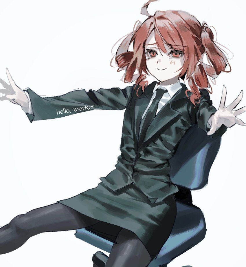 1girl, ahoge, alternate_costume, black_jacket, black_necktie, black_pantyhose, black_skirt, chair