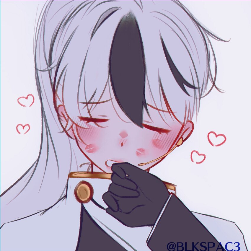 1boy, black_gloves, black_hair, blkspac3, coat, gloves, heart, high_ponytail, highres, library_of_ruina, lipstick, makeup, multicolored_hair, ponytail, project_moon, simple_background, solo, twitter_username, white_background, white_coat, white_hair, yan_vismok