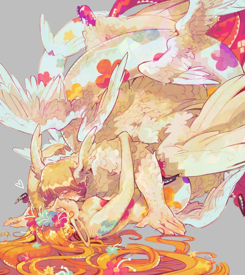 2girls, absurdres, blonde_hair, chimera, dungeon_meshi, falin_touden, falin_touden_(chimera), feathered_wings, feathers, flower, hair_flower, hair_ornament, heart, highres, lamia, long_hair, marcille_donato, monster_girl, multiple_girls, red_scales, short_hair, spoilers, time_woods, wings, yuri