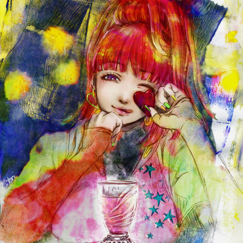 1girl, blunt_bangs, cotori_(globule), cup, drinking_glass, earrings, gnosia, heart