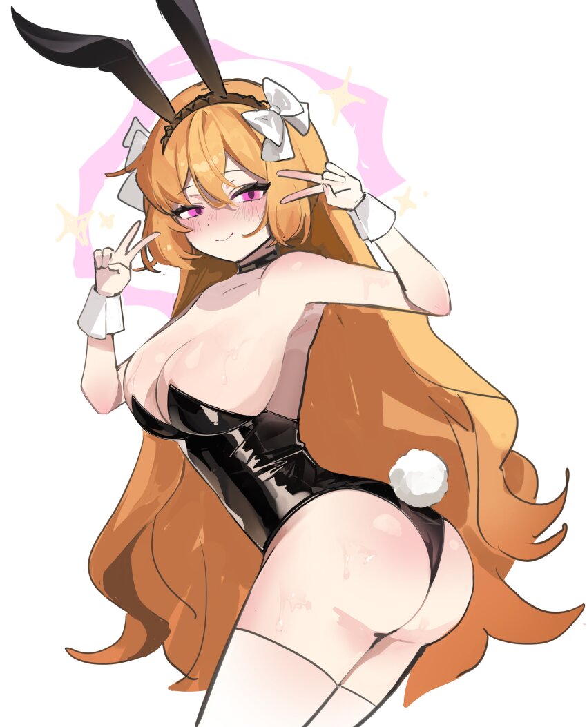 1girl, absurdres, alternate_eye_color, animal_ears, bow, choker, double_v, hair_bow, headband, highres, ishmael_(project_moon), limbus_company, long_hair, mts098, orange_hair, pink_eyes, playboy_bunny, project_moon, rabbit_ears, rabbit_tail, rope, simple_background, solo, tail, thighhighs, v, wavy_hair, white_background, wrist_cuffs
