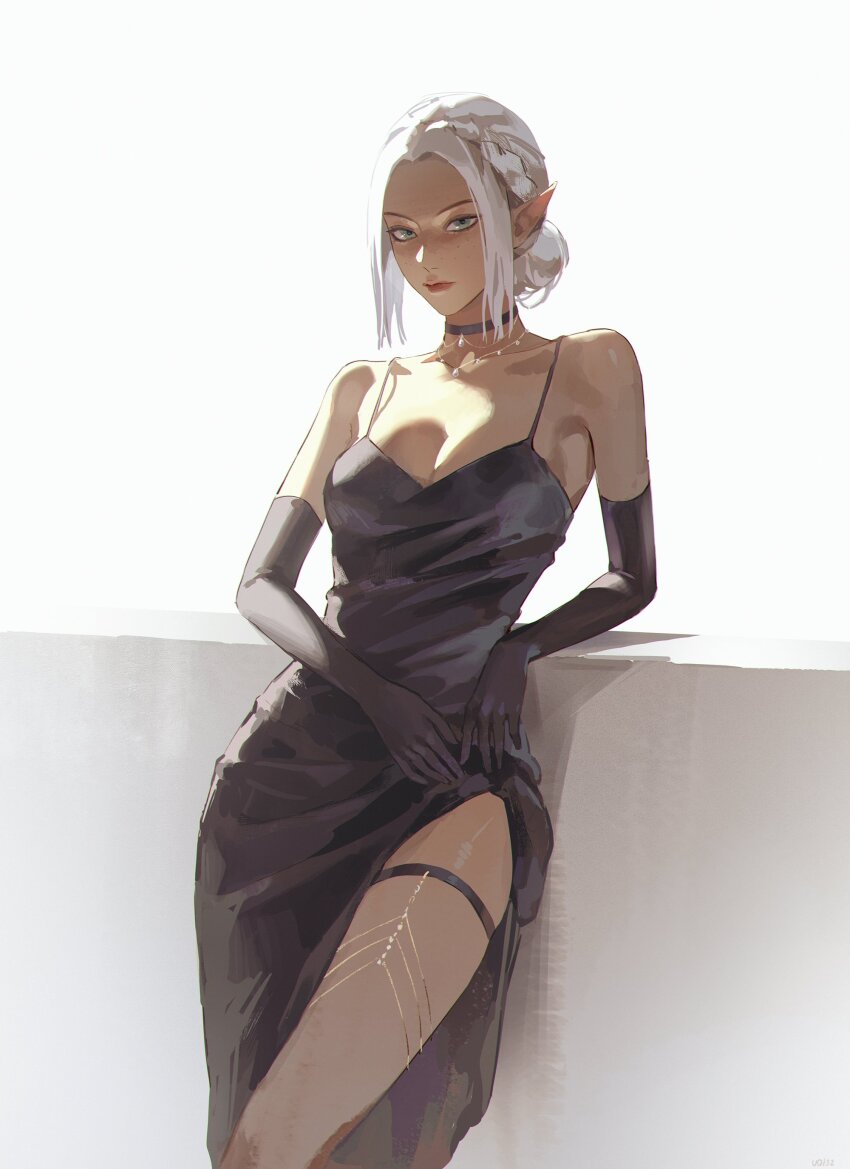 1girl, absurdres, bare_shoulders, black_dress, blue_eyes, bow, braid, breasts, closed_mouth, clothes_lift, crown_braid, dress, dress_around_one_leg, dress_lift, elf, gloves, highres, long_hair, looking_at_viewer, neck_ribbon, original, pointy_ears, ribbon, solo, tagme, thighhighs, uqi32, white_background, white_hair