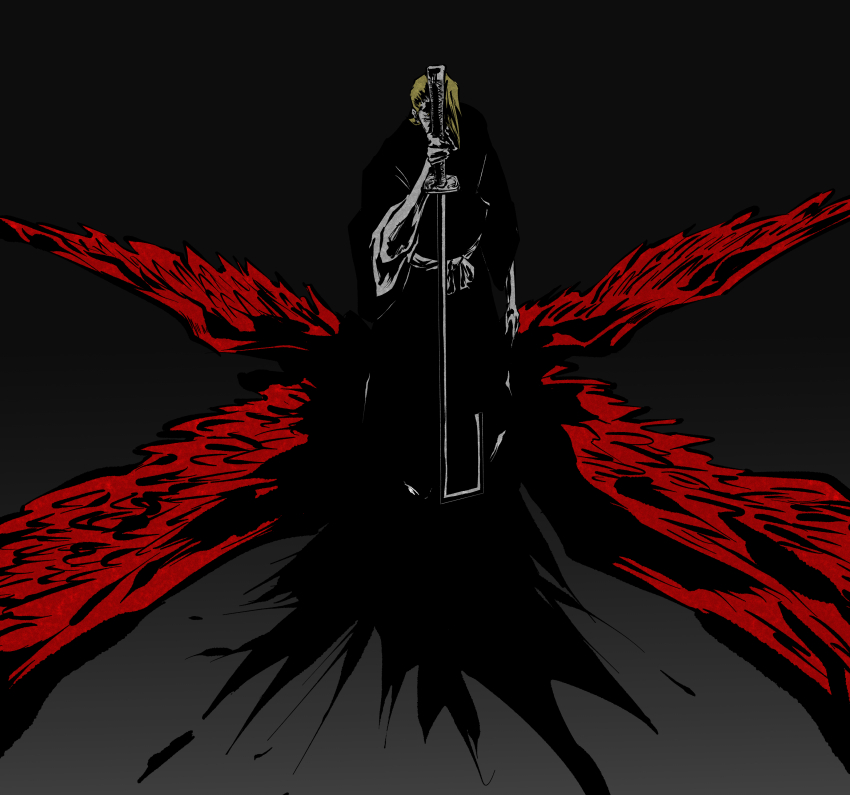 2boys, abirama_redder, absurdres, after_battle, arm_at_side, black_background, black_blood, black_kimono