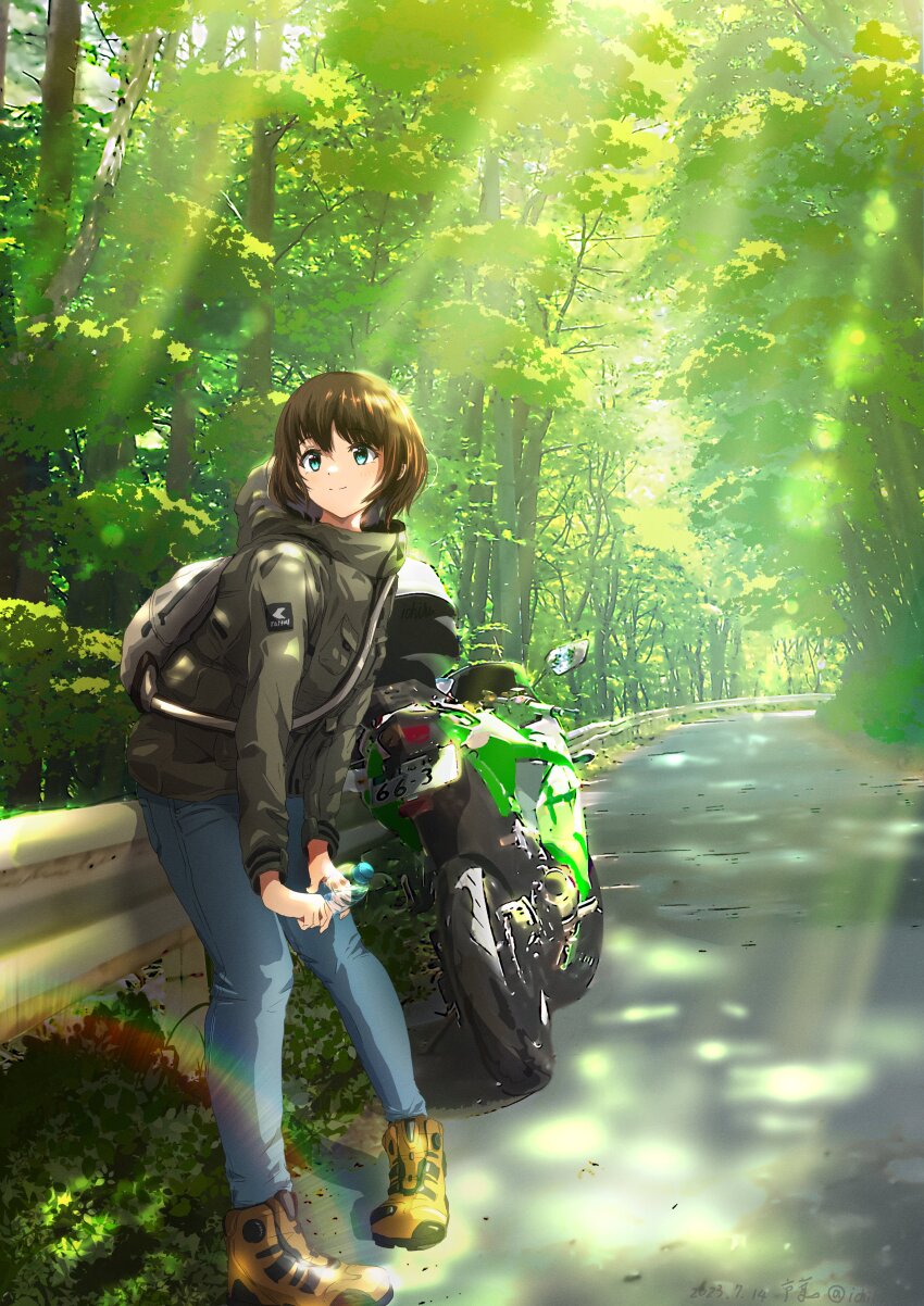 1girl, absurdres, backpack, bag, blue_pants, bob_cut, bottle, brown_hair, day, denim, forest, green_eyes, highres, holding, holding_bottle, ichiha_t, jeans, looking_at_viewer, motor_vehicle, motorcycle, nature, original, outdoors, pants, road, shoes, short_hair, solo, standing, tree, yellow_shoes