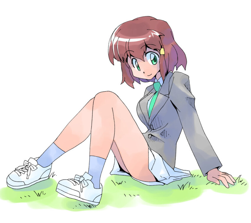 1girl, arm_support, blue_socks, brown_hair, grass, green_eyes, green_necktie, grey_jacket, jacket, knees_up, looking_at_viewer, masuki, medium_hair, necktie, original, pleated_skirt, shirt, sitting, skirt, socks, solo, white_footwear, white_shirt, white_skirt