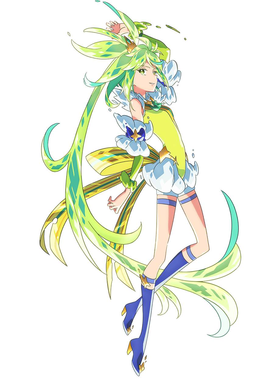 1girl, arm_warmers, blue_boots, boots, breasts, fingernails, green_arm_warmers, green_eyes, green_hair, highres, ichijou_nagase, leotard, long_hair, looking_at_viewer, looking_to_the_side, multicolored_boots, parted_lips, ponytail, princess_meteor, princession_orchestra, print_leotard, shorts, small_breasts, solo, teeth, thigh_strap, two-tone_boots, white_shorts, yellow_boots, yellow_leotard