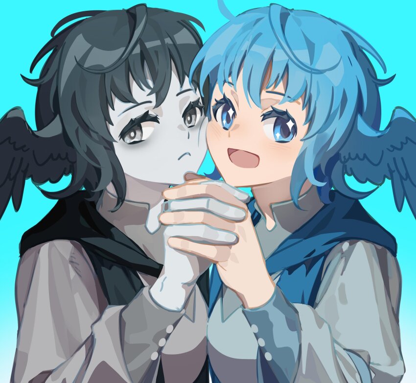 2girls, :<, :d, bird_wings, black_eyes, black_hair, blue_background, blue_eyes