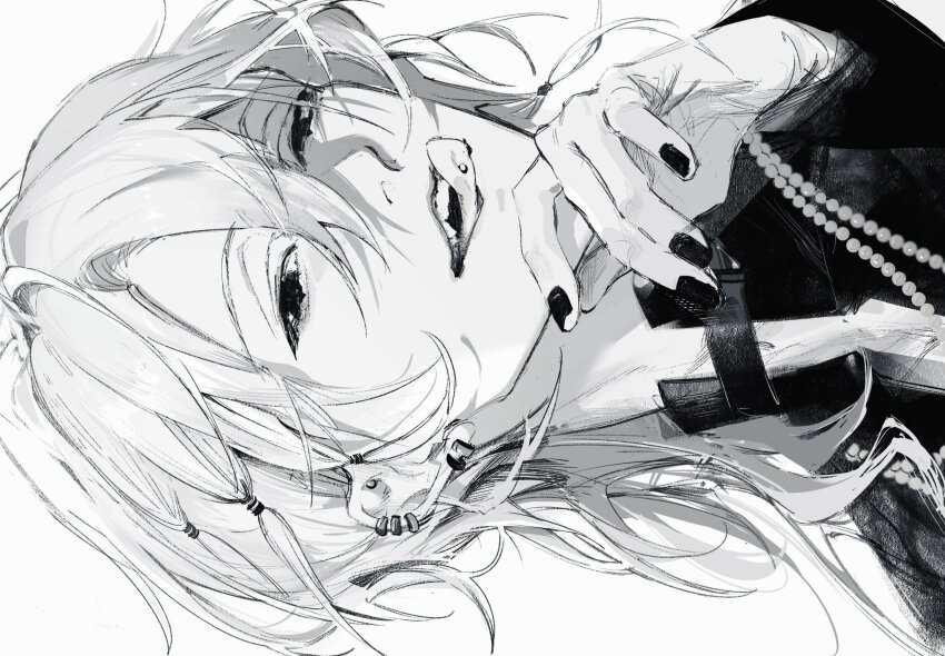 18trip, 1boy, black_eyes, black_nails, black_shirt, domeki_kuguri, earrings, exif_rotation, grey_background, grey_hair, greyscale, highres, jewelry, kaninoekechan, long_hair, looking_at_viewer, male_focus, monochrome, multiple_earrings, necklace, open_mouth, piercing, shirt, simple_background, smile, solo, tongue, tongue_out, tongue_piercing