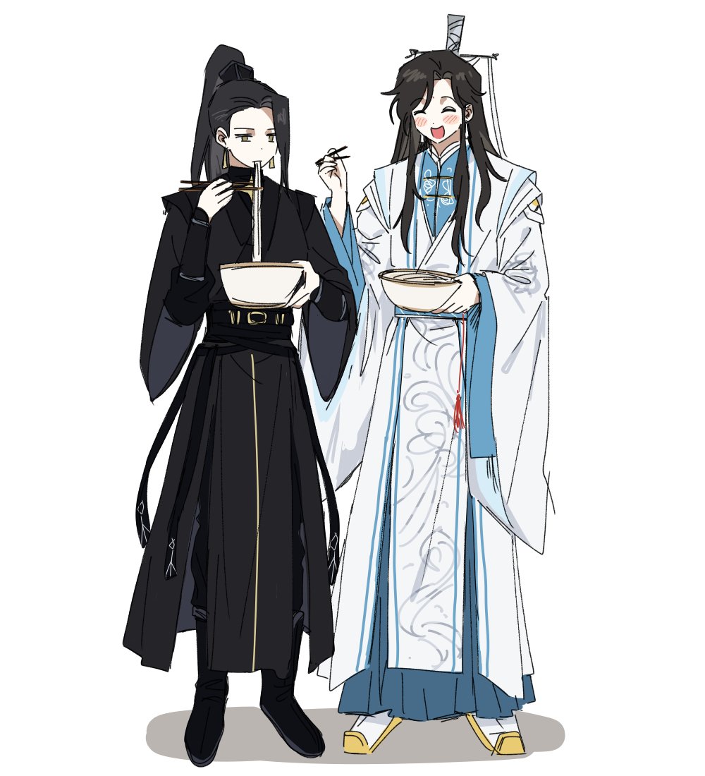 1boy, 1girl, black_footwear, black_hair, black_hanfu, blush, boots, bowl