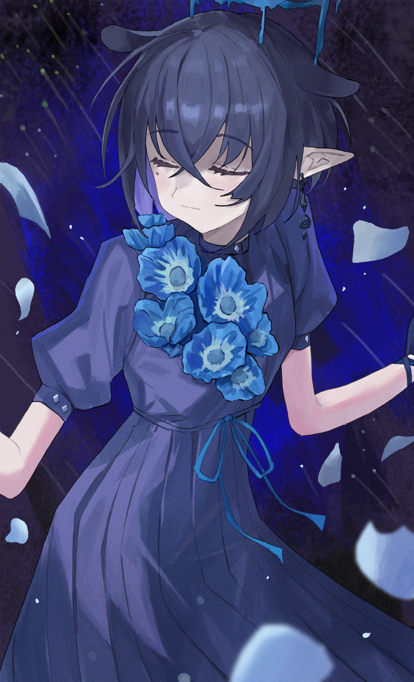 absurdres, animal_ears, artur_link, black_dress, black_gloves, black_hair, blue_flower, blush