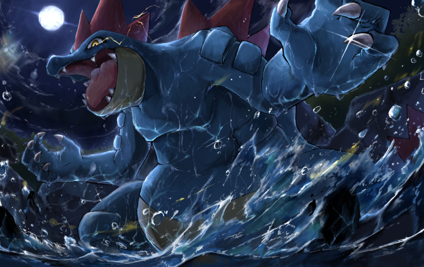 alligator, blue_skin, colored_skin, commentary_request, crocodilian, ekaki_panda, eye_trail, fangs