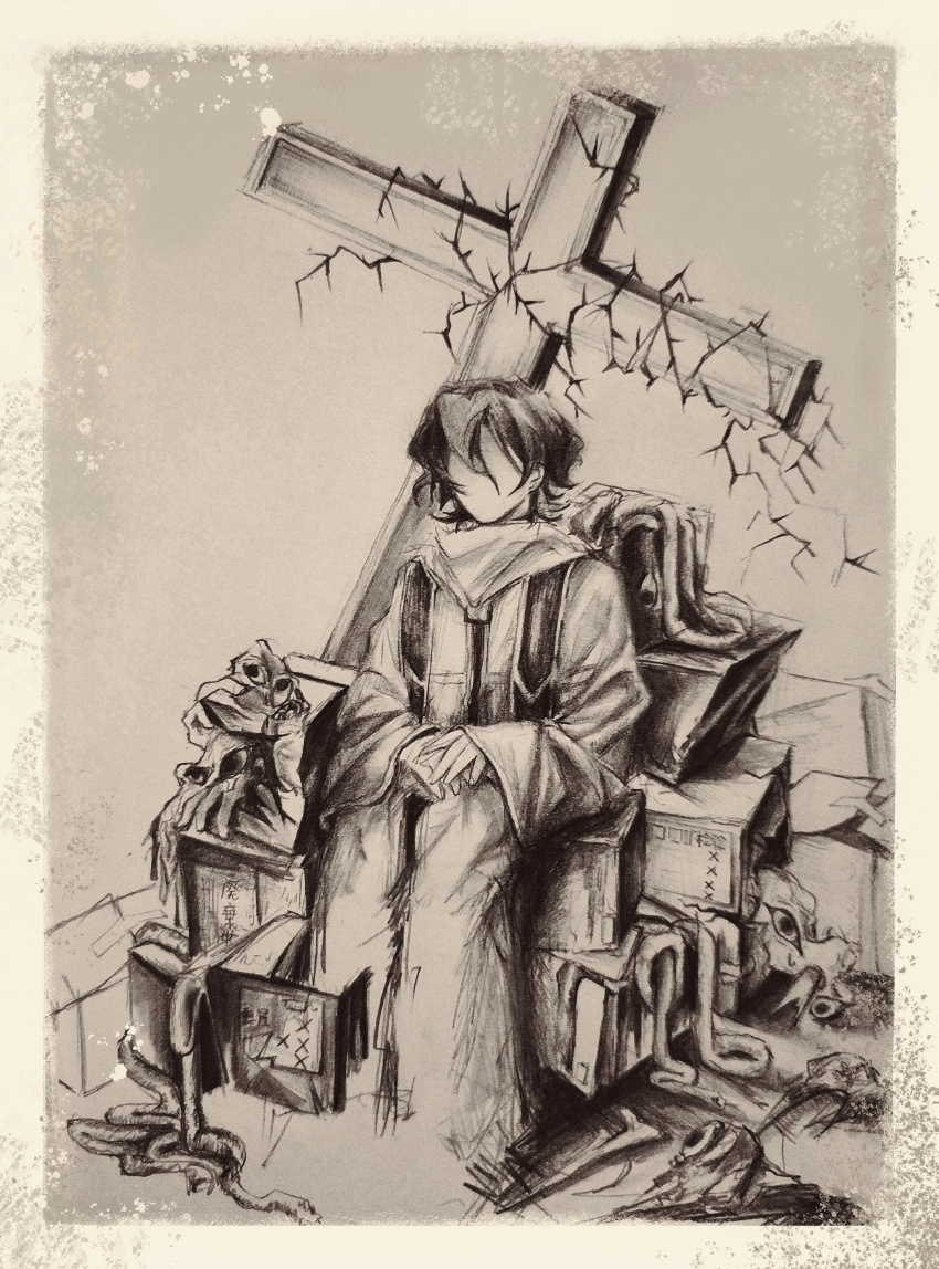 1boy, absurdres, border, box, cross, faceless, graphite_(medium), greyscale, hands_on_lap, highres, long_sleeves, male_focus, monochrome, mutou_(wanniya88414), on_box, robe, saibou_shinkyoku, short_hair, sitting, sitting_on_box, solo, stole, thorns, traditional_media, translation_request, utsugi_noriyuki, white_border, wide_sleeves