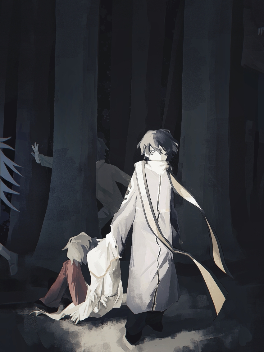 4boys, black_hair, black_pants, black_shoes, chinese_commentary, commentary_request, forest, hatsutori_hajime