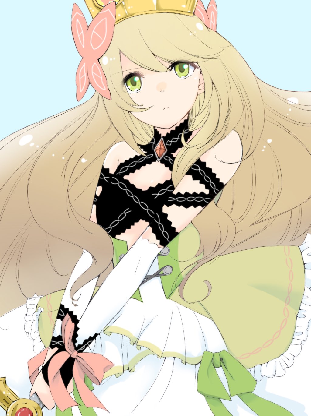 1girl, ajapa0621, bare_shoulders, blonde_hair, bow, butterfly_hair_ornament, celine_(fire_emblem), cross-laced_clothes