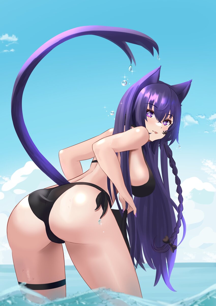 1girl, :p, absurdres, animal_ears, ass, ass_focus, bikini, black_bikini, blue_sky, braid, breasts, cat_ears, cat_girl, cat_tail, closed_mouth, cloud, cowboy_shot, day, dot_nose, estebaneishon1, eyebrows, eyelashes, female_focus, from_behind, highres, large_breasts, leaning_forward, long_hair, looking_at_viewer, looking_back, mai_noboshi, matching_hair/eyes, ocean, outdoors, purple_eyes, purple_hair, side-tie_bikini_bottom, single_braid, sky, solo, standing, swimsuit, tail, thigh_strap, thighs, tongue, tongue_out, undressing, virtual_youtuber, vjin, water