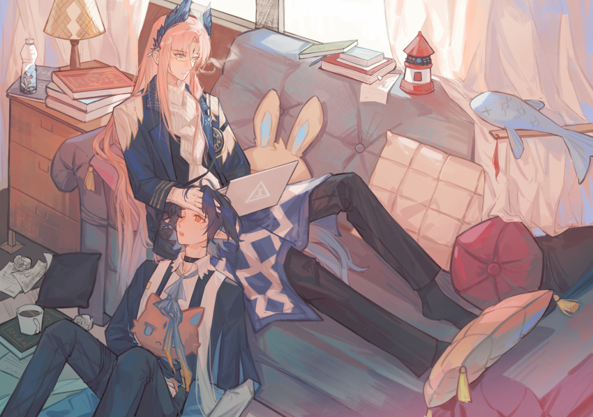 2boys, absurdres, ahoge, alternate_costume, arknights, ascot, bieshi, black_capelet