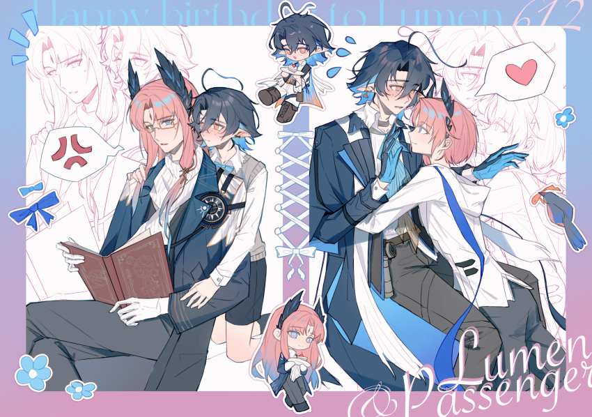 2boys, absurdres, aged_down, ahoge, anger_vein, arknights, bieshi, bird, black_gloves, black_hair, black_pants, black_shorts, blue_background, blue_coat, blue_eyes, blue_gloves, blue_hair, blue_jacket, blue_ribbon, blush, book, border, brown_pants, brown_sweater, character_name, chibi, coat, colored_inner_hair, commentary, crossed_legs, dated, feather_hair, flower, flying_sweatdrops, gloves, gradient_background, gradient_hair, grey_pants, hand_up, happy_birthday, heart, highres, holding, holding_book, hood, hoodie, hug, hug_from_behind, jacket, kneeling, long_sleeves, low-tied_sidelocks, lumen_(arknights), male_focus, multicolored_hair, multiple_boys, nervous, open_mouth, orange_hair, pants, passenger_(arknights), passenger_(ipstar)_(arknights), passenger_(young)_(dream_in_a_moment)_(arknights), pink_background, pointy_ears, ribbon, shirt, short_hair, shorts, sidelocks, smile, spoken_anger_vein, spoken_heart, sweater, sweater_vest, untranslatable_commentary, two-sided_gloves, white_hoodie, white_shirt, yaoi, yellow_eyes, zoom_layer