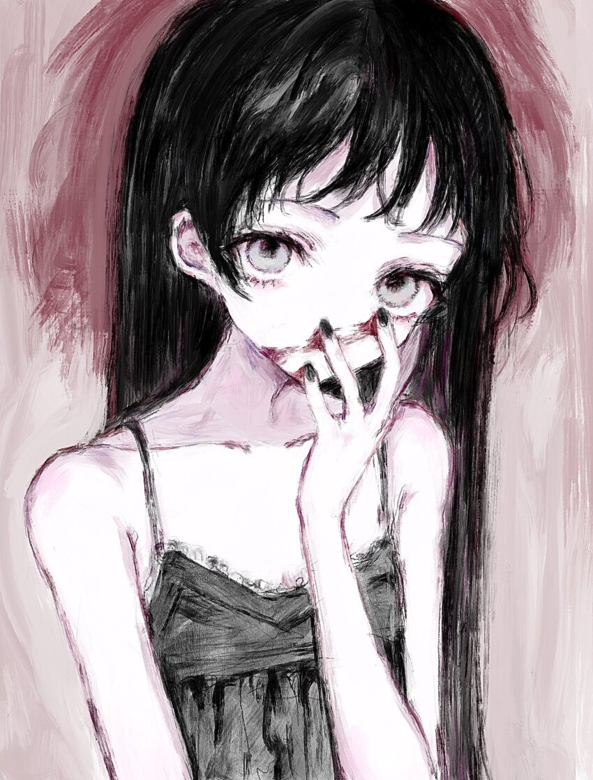 1girl, bare_shoulders, black_hair, blood, blood_on_face, camisole, expressionless, flat_chest
