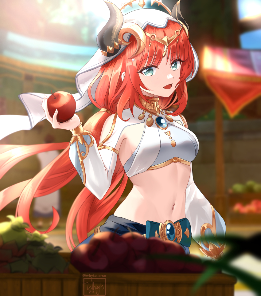 1girl, :d, absurdres, apple, aqua_eyes, blue_gem, blue_skirt, blurry