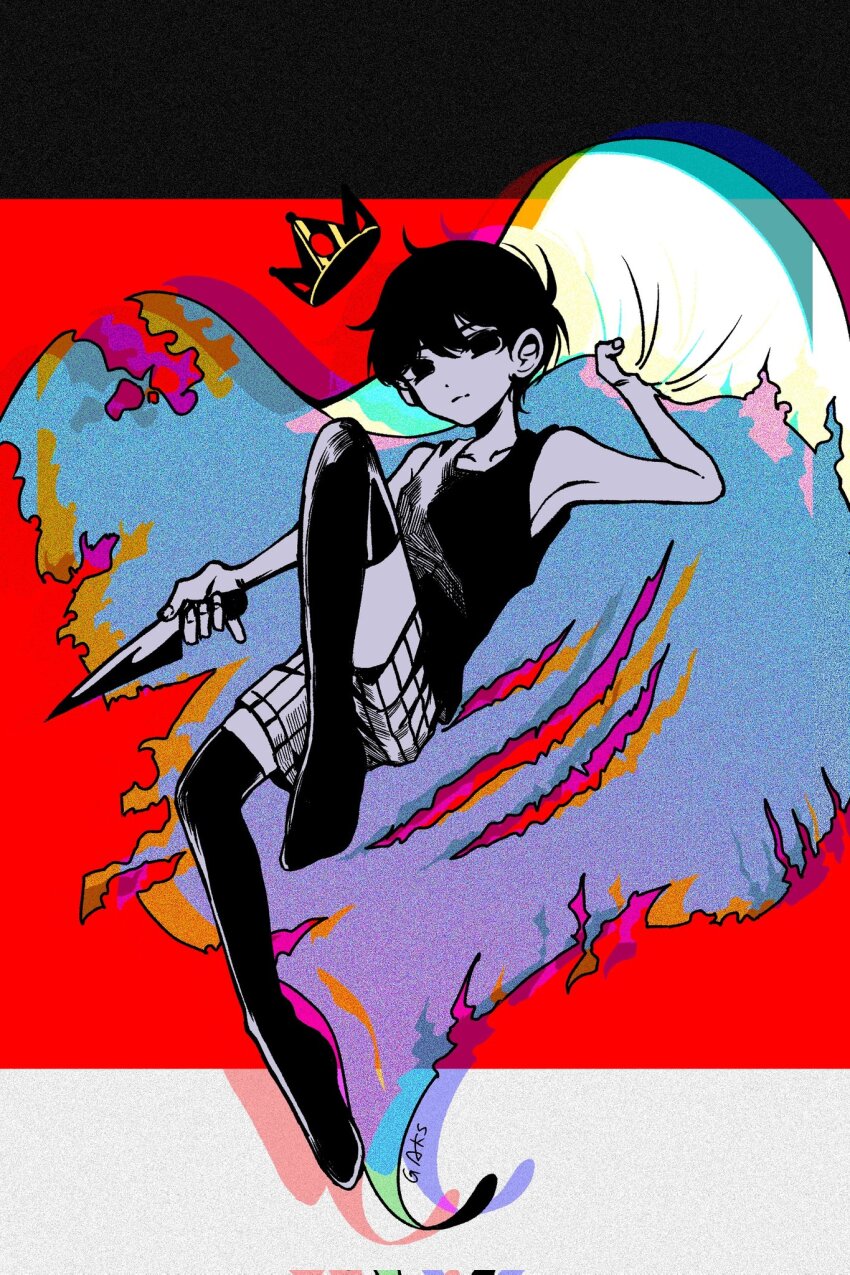1boy, artist_name, black_eyes, black_hair, black_socks, black_tank_top, closed_mouth, colored_skin, crown, expressionless, fingernails, full_body, gaks030, hair_between_eyes, highres, holding, holding_knife, knife, male_focus, omori, omori_(omori), shirt, short_hair, socks, solo, tank_top, white_skin