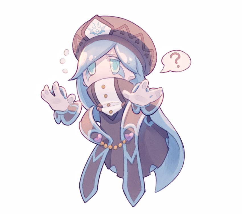 1girl, ?, beret, black_hat, black_robe, black_wrist_cuffs, blue_dress, blue_eyes