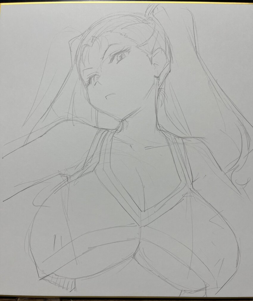 1girl, breasts, cheerleader, cleavage, commentary_request, from_below, high_ponytail, highres