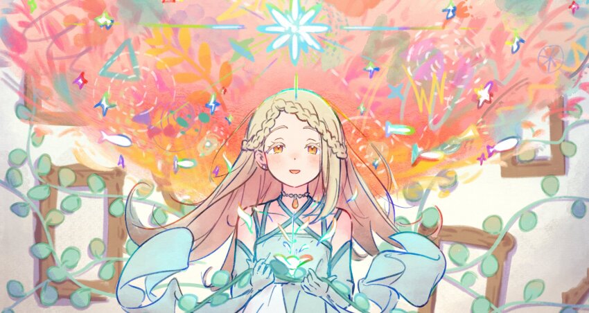 1girl, absurdres, bare_shoulders, blonde_hair, blush, braid, braided_bangs, detached_sleeves