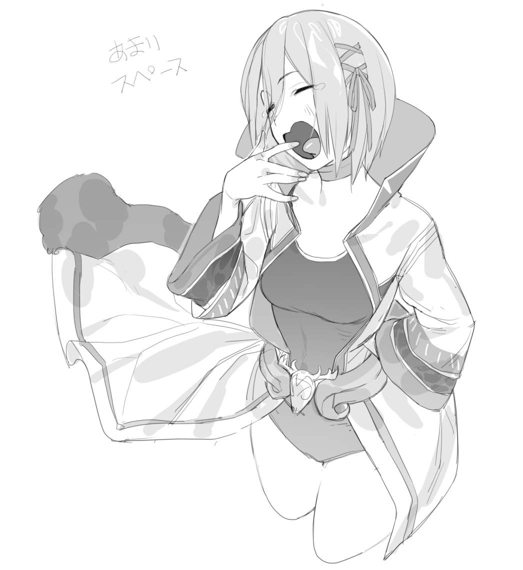 1girl, alternate_costume, belt, blush, breasts, choker, closed_eyes, coat, commentary_request, cropped_legs, furfur_(megido72), greyscale, hair_ribbon, hand_on_own_hip, hand_to_own_mouth, hand_up, high_collar, medium_breasts, megido72, monochrome, one-piece_swimsuit, open_clothes, open_coat, open_mouth, ribbon, school_swimsuit, solo, soosaresu, standing, swimsuit, tears, tongue, translation_request, yawning