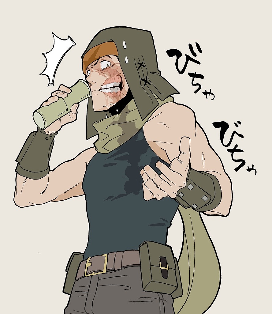 1boy, ^^^, bare_shoulders, belt, belt_pouch, closed_mouth, drinking, etrian_odyssey