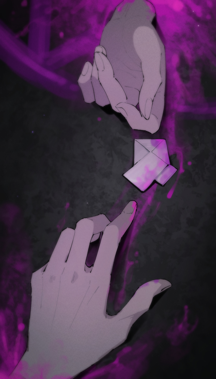 1boy, 1girl, blood, blood_stain, character_request, check_character, chiebukuro_setsuka, commentary, danganronpa_(series), danganronpa_another, english_commentary, envelope, fingernails, gisces, hand_focus, highres, indoors, light_particles, pink_blood, severed_hand, spoilers, super_danganronpa_another_2, yomiuri_nikei